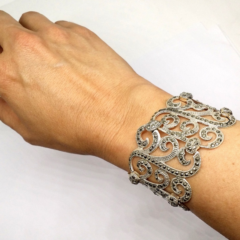 Maureen Wide Solid Silver Marcasite Bracelet - image 7